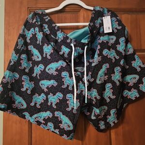 Dinosaur Print Swim Trunks - Black and Blue